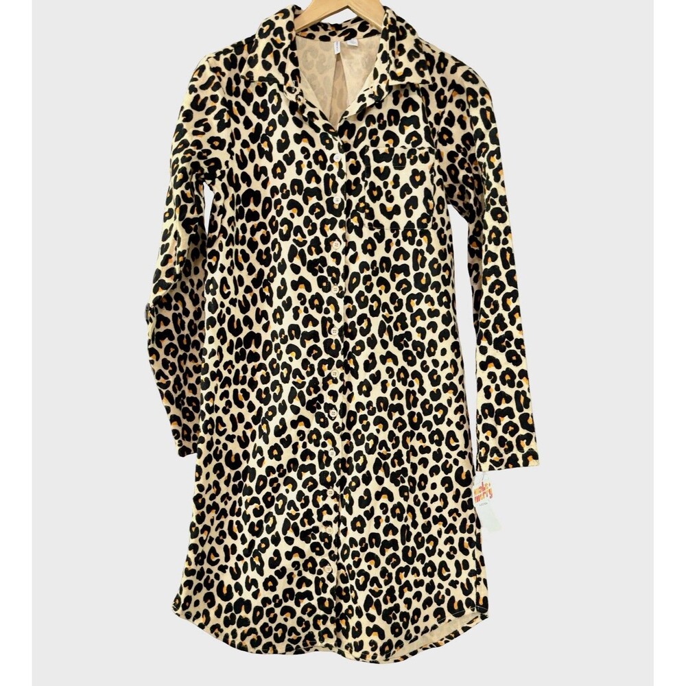 Nordstrom Tan Shore Leopard Print Button Down Nightgown Sleep Shirt NWT $45 XXS - Picture 2 of 9